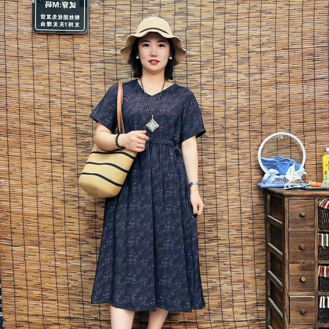 8572新款文艺优雅显瘦气质印花长款大摆连衣裙时尚文艺复古系绳裙