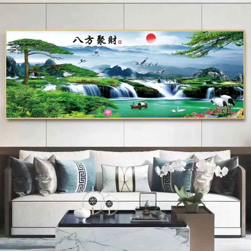 迎客松风景聚宝盆墙画客厅背景墙挂画装饰画轻奢手工镶钻镶嵌