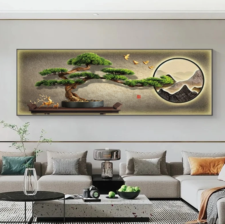 迎客松新中式客厅装饰画高级大气沙发背景墙壁画横版禅意茶室挂画