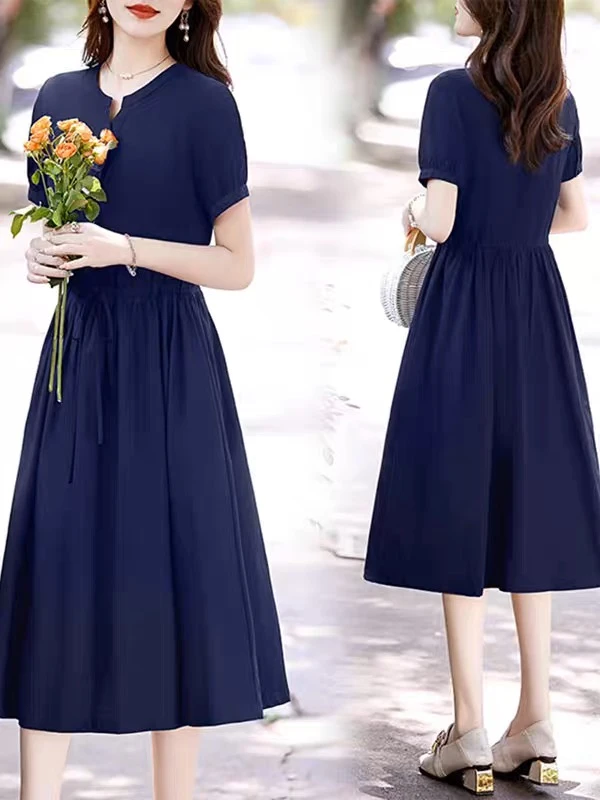 2024夏季洋气百搭减龄遮肉显瘦时尚韩版气质妈妈装蓝色连衣裙韩版