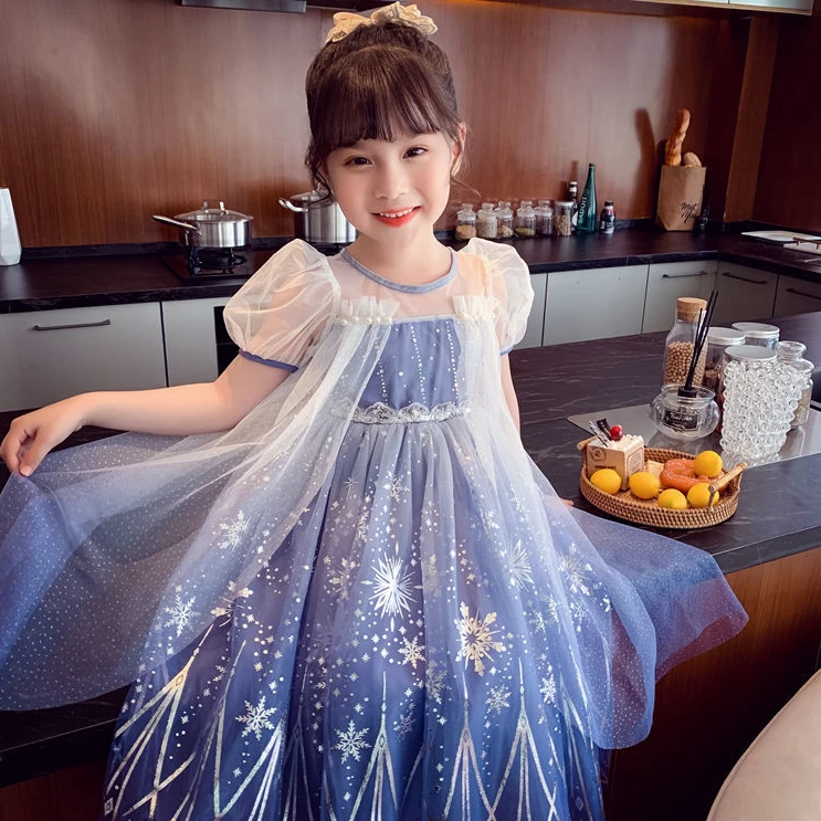 女童艾莎公主裙冰雪奇缘夏2025小女孩洋气网纱蓬蓬连衣裙女孩礼服