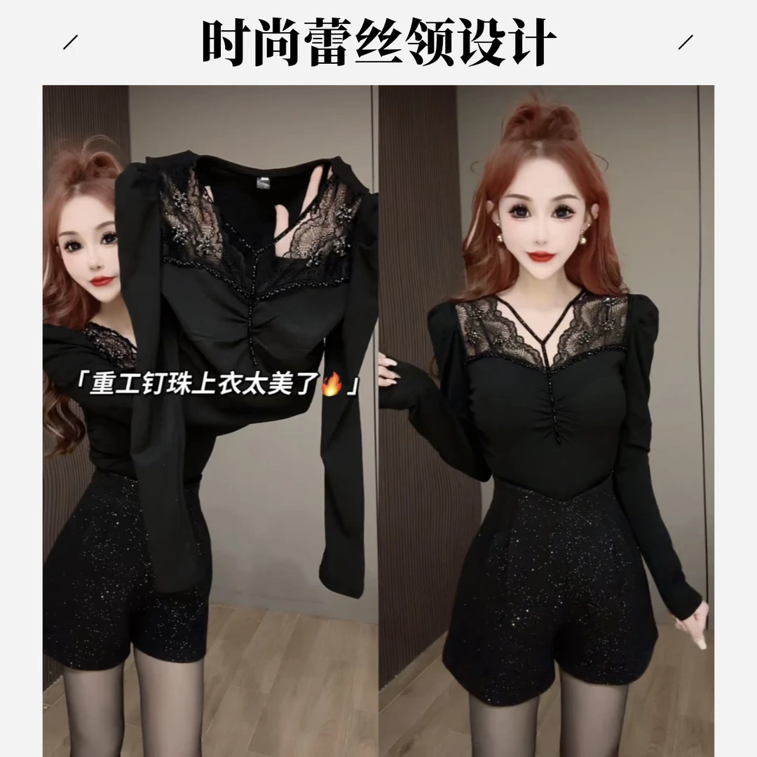 蕾丝拼接打底衫女秋冬欧货洋气性感镂空上衣加厚磨毛内搭长袖t恤