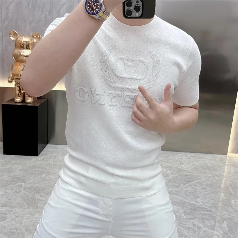 欧货轻奢高品质针织冰丝短袖T恤男烫钻男士休闲圆领印花打底衫潮