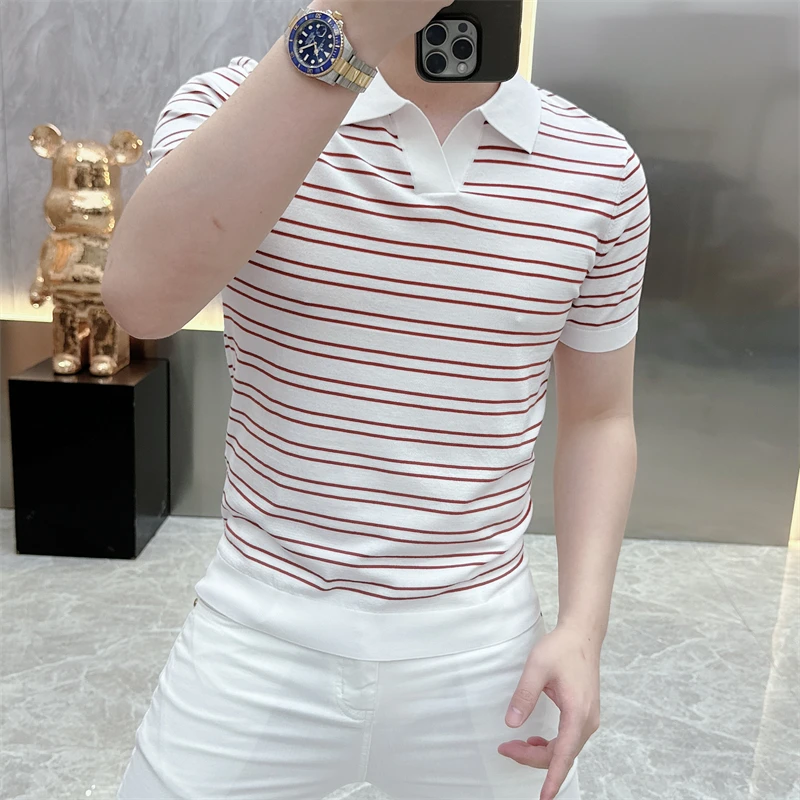 欧货轻奢短袖T恤男装时尚休闲夏季百搭半袖POLO针织修身条纹翻领t