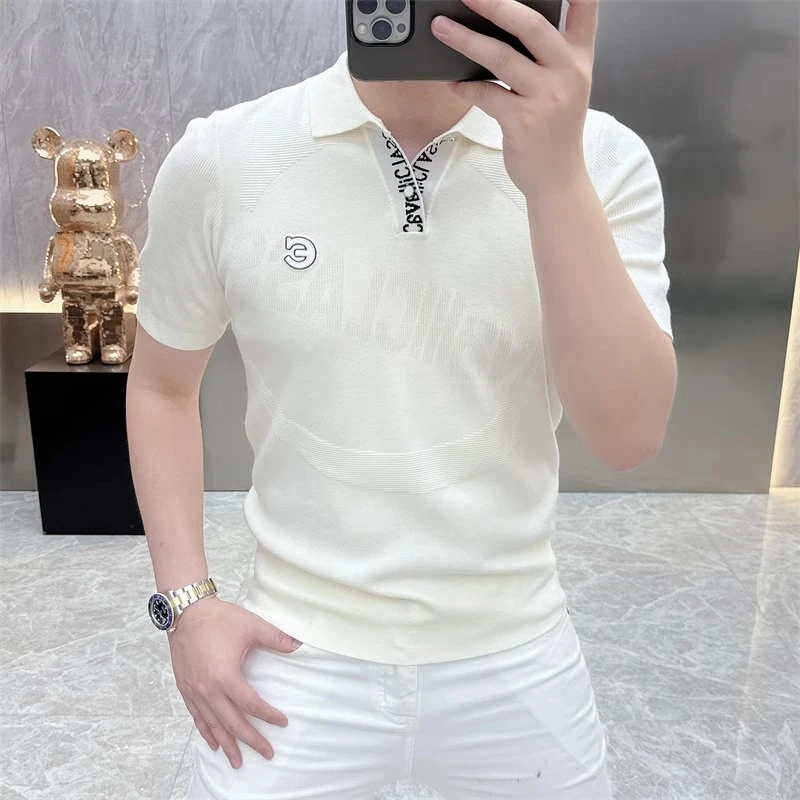 欧货轻奢高品质秋冬款短袖针织毛衣印花男士休闲圆领打底衫DF529