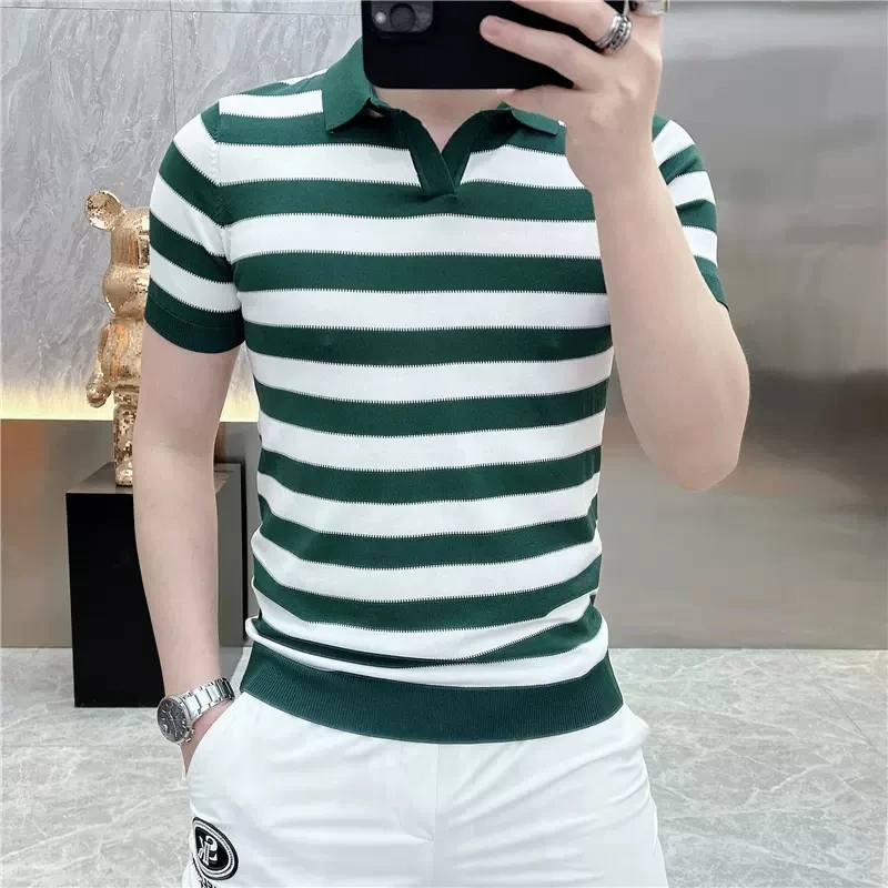 高档轻奢欧货短袖t恤男士polo针织条纹半袖上衣夏季修身网红痞帅t
