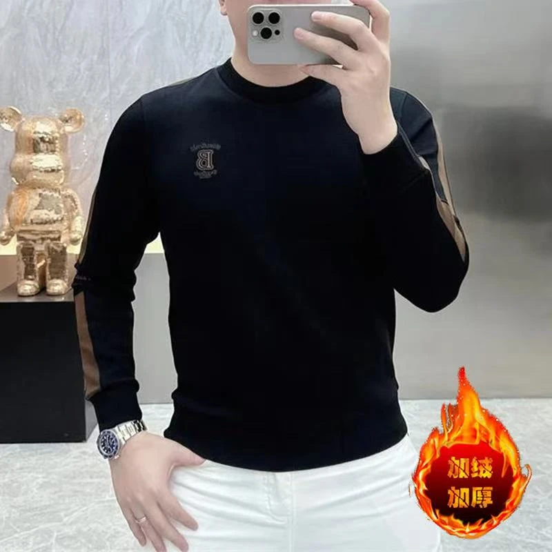 2024新款欧货秋冬男士卫衣加绒加厚圆领修身印花打底衫男装潮K960