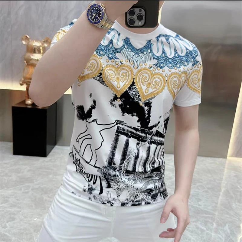 欧货轻奢短袖T恤男士时尚夏季半袖上衣印花潮流修身个性百搭体恤