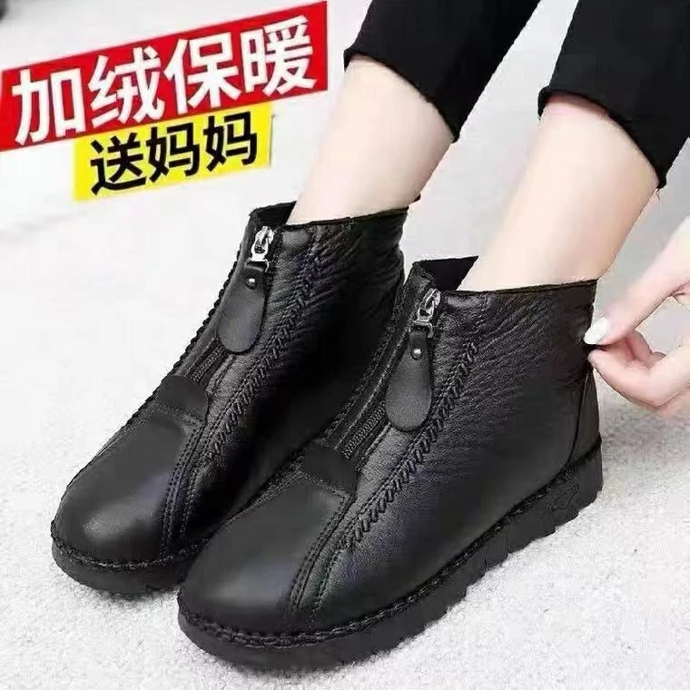 真软皮短靴女平底防滑女士棉鞋冬季加绒保暖妈妈鞋百搭舒适雪地靴