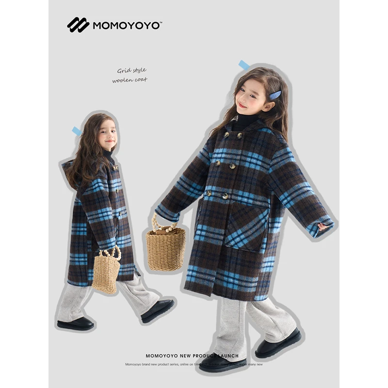 辰辰妈【蓝椰拿铁】撞色格纹手工双面呢大衣 7029D