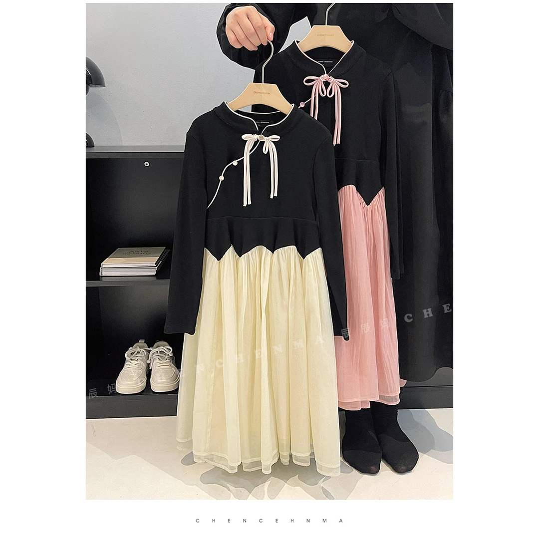 辰辰妈【纸落云烟】女童春装新中式拼色连衣裙 5650D