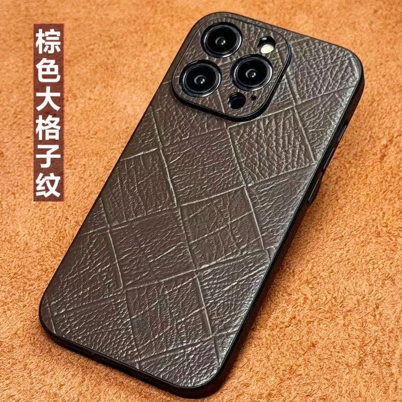 适用Cos华为鼎桥p50手机壳真头层牛皮大方格纹Tech p50pu全包防摔