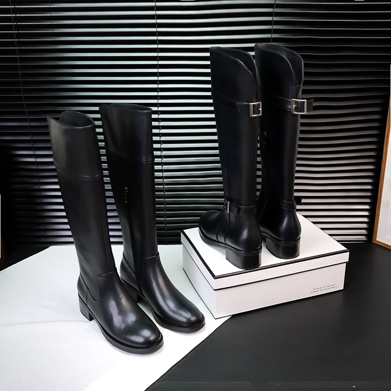 35-41大码长筒胖妹妹大筒围时装靴百搭秋冬粗跟头层牛皮长靴