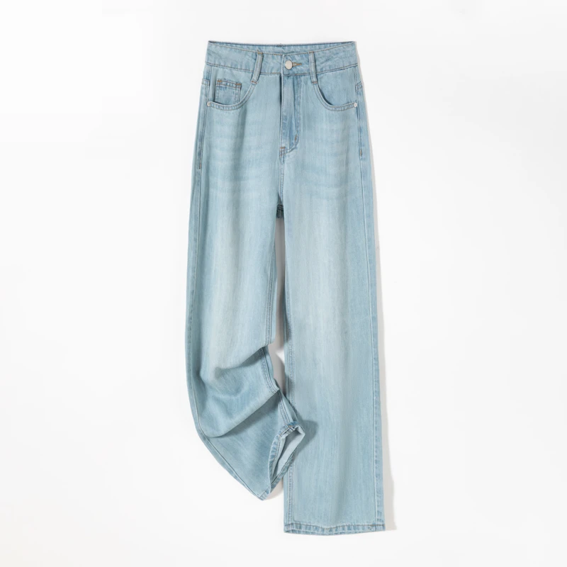 织志新中式春季莱赛尔直筒阔腿裤窄版高腰宽松休闲牛仔裤子女