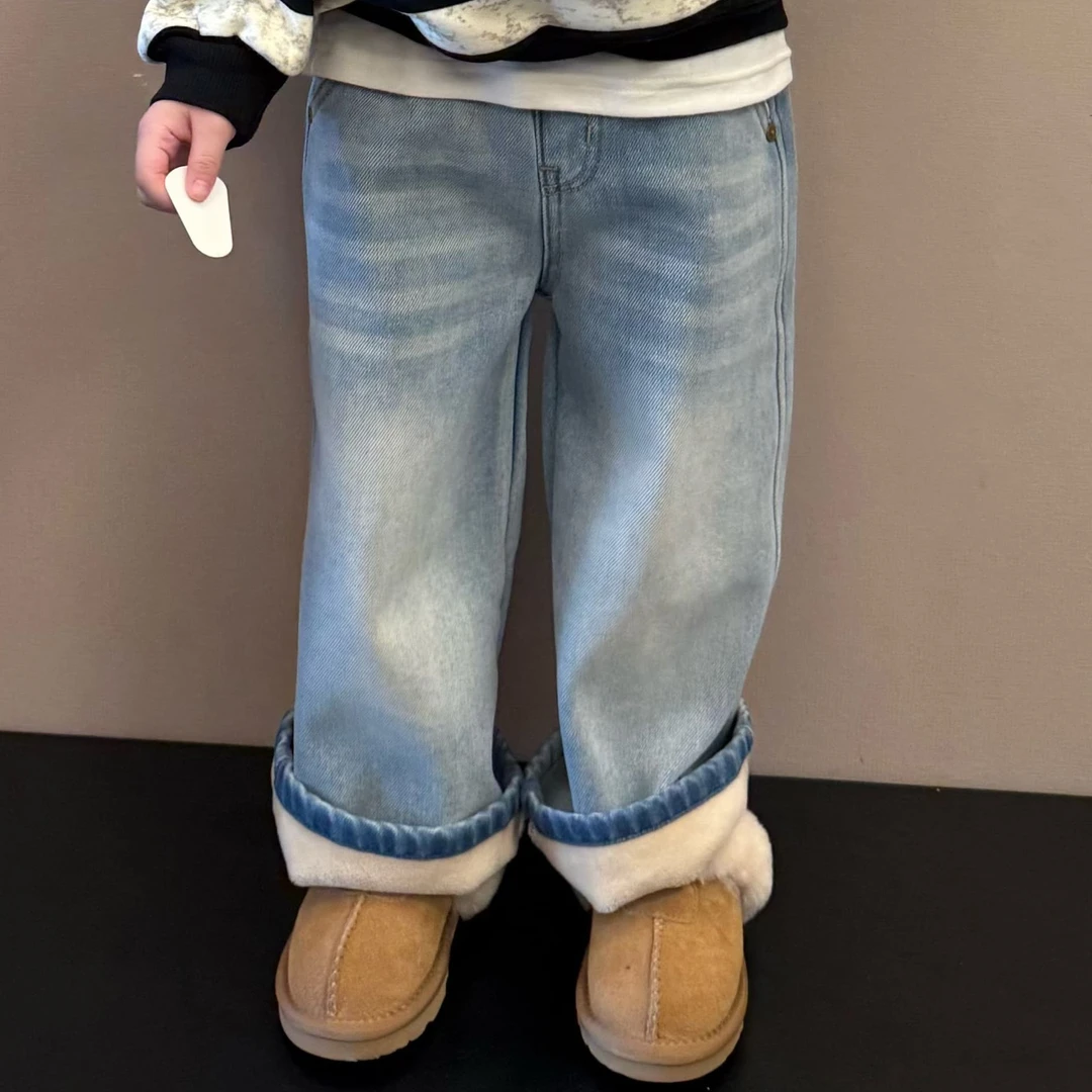 大金定制秋冬新款天蓝色刺绣字母软牛仔加绒加绒冬季软牛仔潮裤