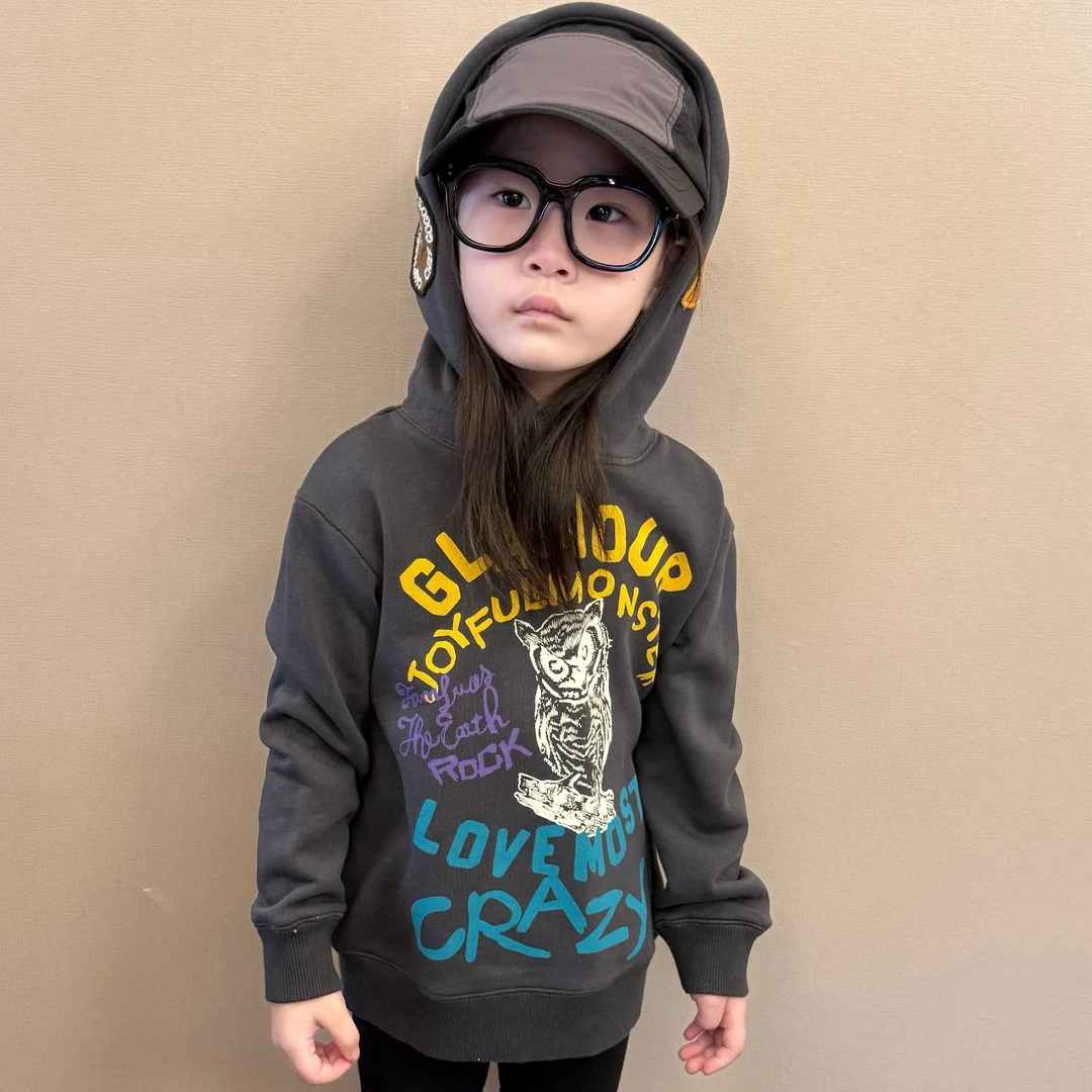 大金定制儿童秋冬新款轻奢D中古毛圈棉拔印贴布重工连帽宝宝卫衣