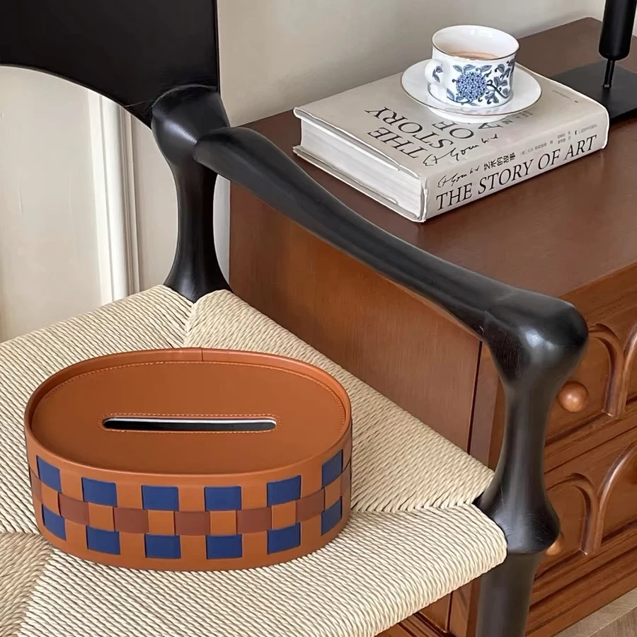 家居摆设鸢尾篮金棕纯手工编织棋盘格皮质轻奢纸巾盒抽纸盒餐厅