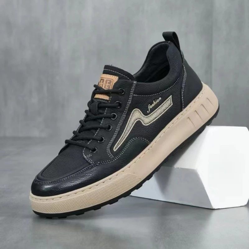 四季通用男士头层牛皮休闲鞋轻质厚底系带板鞋韩版百搭中年跑步鞋