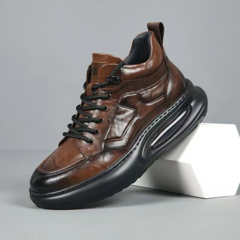 秋冬新款男士真皮高帮运动休闲鞋头层牛皮压花轻质厚底系带跑步鞋