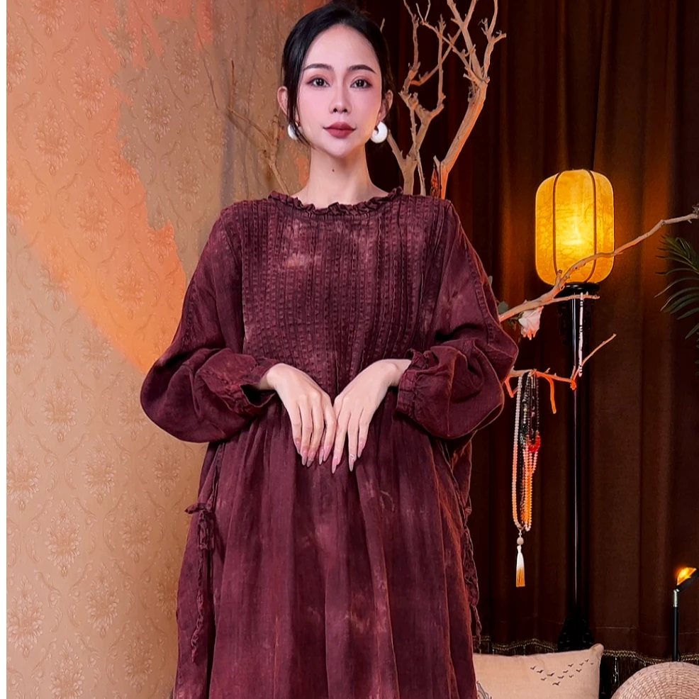 知否亚麻长款连衣裙复古休闲