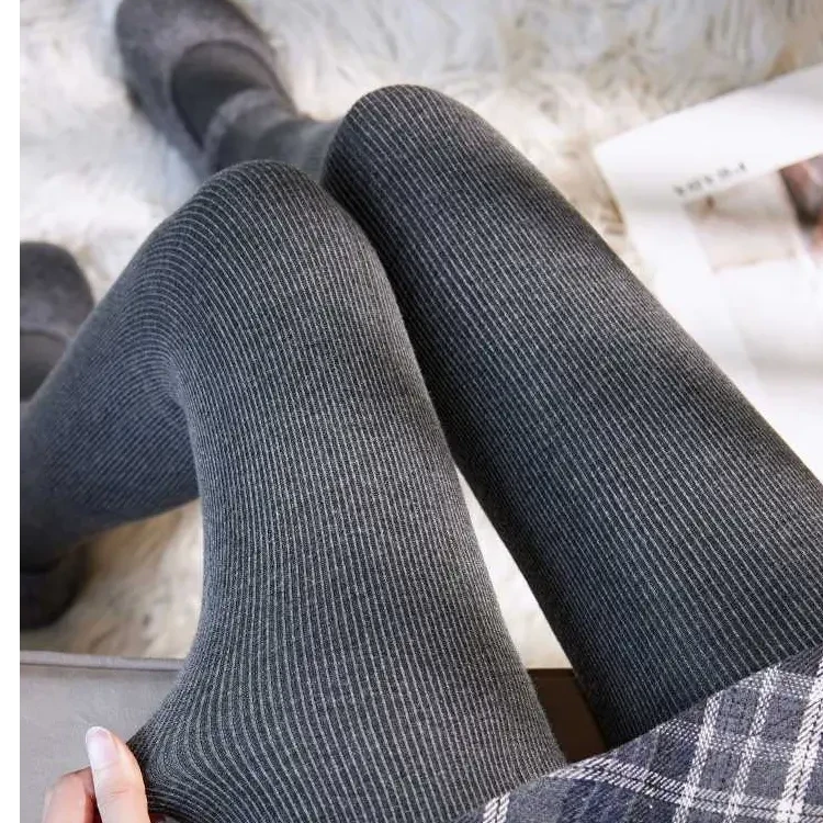 【显瘦保暖】350克竖条纹加绒加厚打底裤袜大码高腰秋冬季踩脚裤袜
