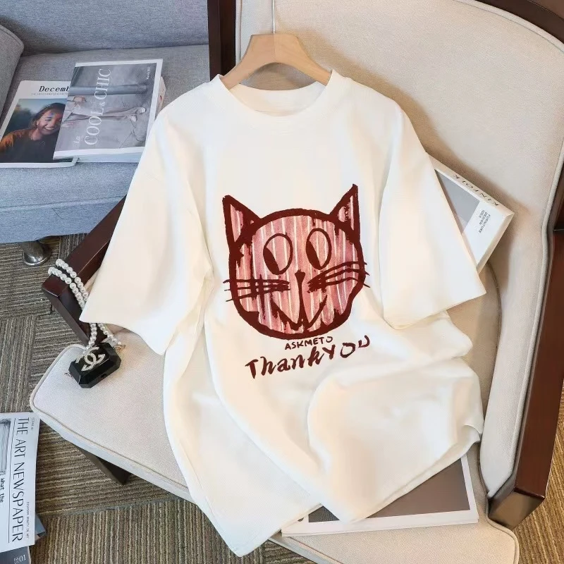 猫咪印花纯棉短袖T恤女ins潮夏季小众设计感宽松半袖上衣