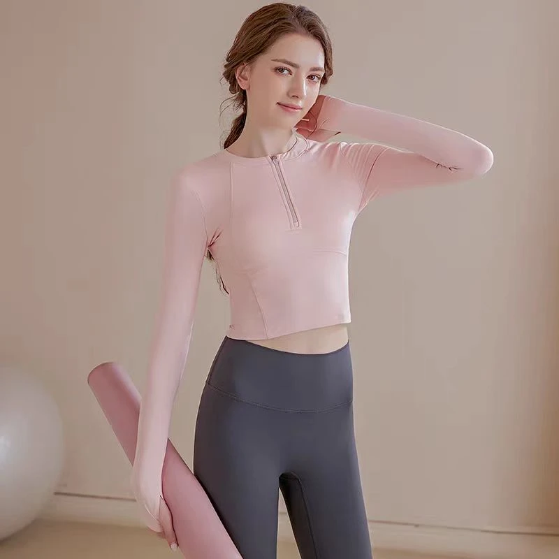 瑜伽服女穿搭带胸垫上衣高颜值网纱长袖普拉提训练健身服（单件）