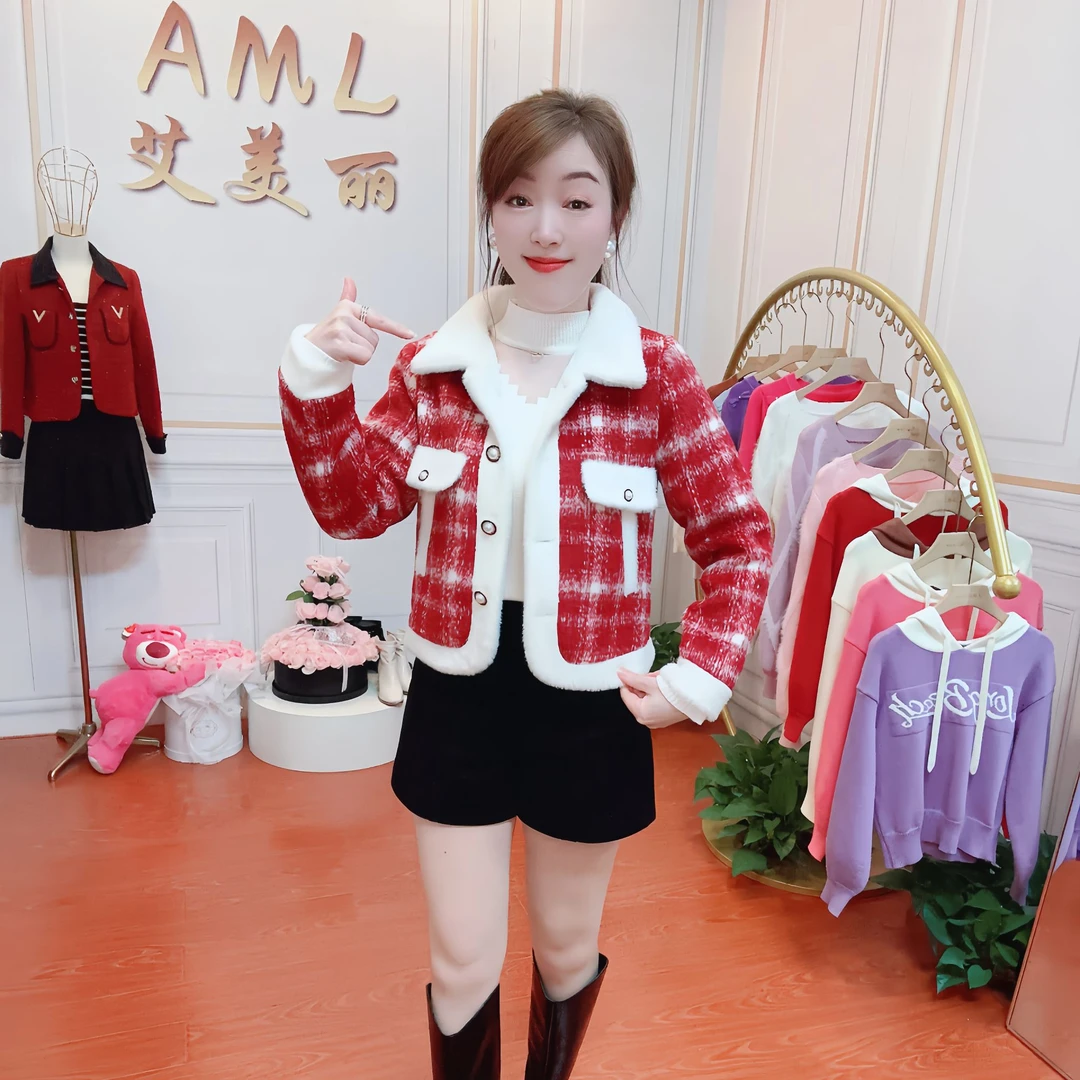 AML3 格纹短毛呢水毛毛领拼接高级感气质轻奢感秋冬女款小香外套