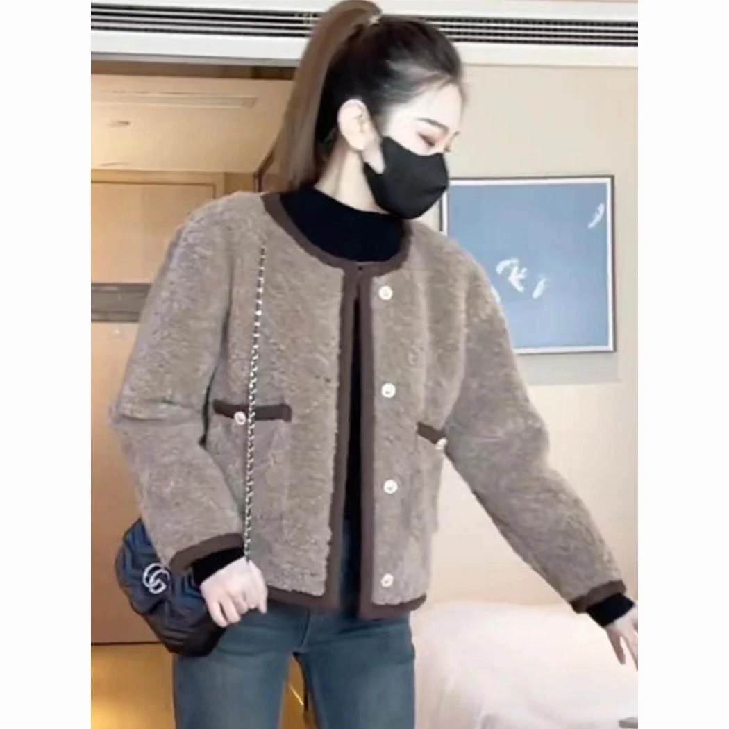 小香风毛外套女冬季加厚撞色皮毛一体绒短外套小个子上衣