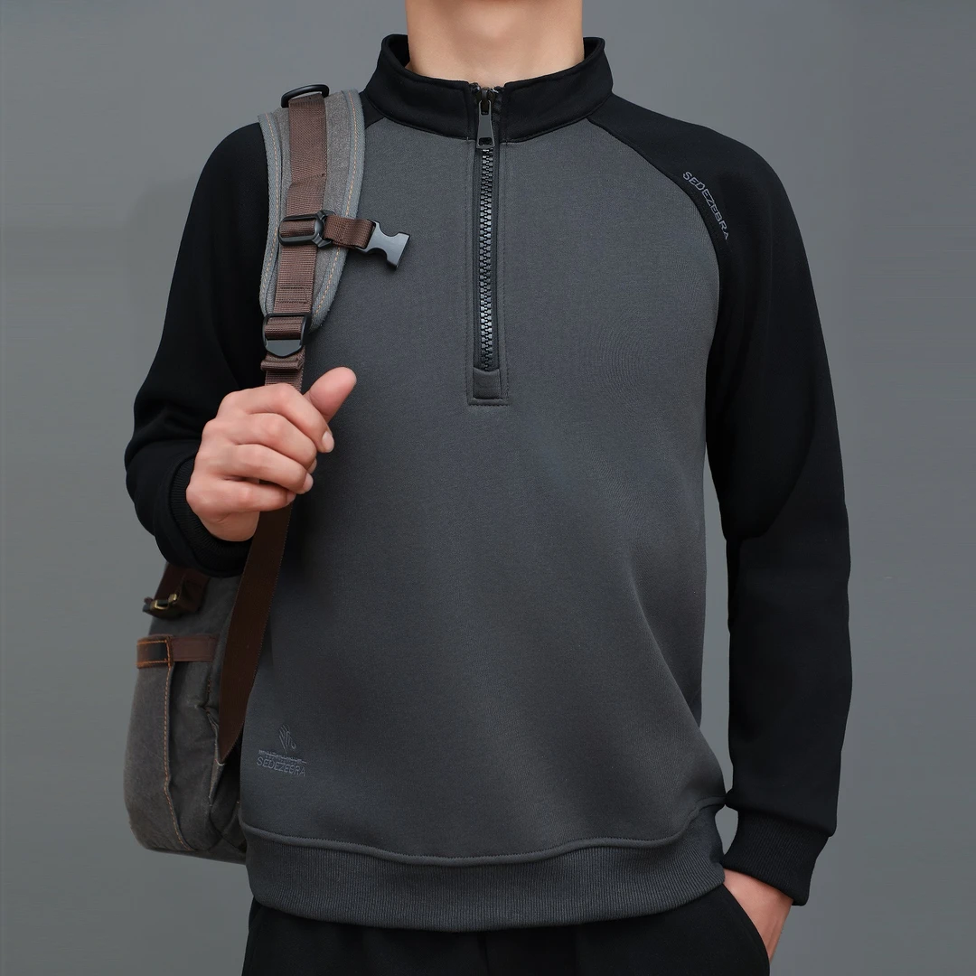 2024冬季新款加绒保暖拉链立领撞色套头插肩休闲卫衣8890