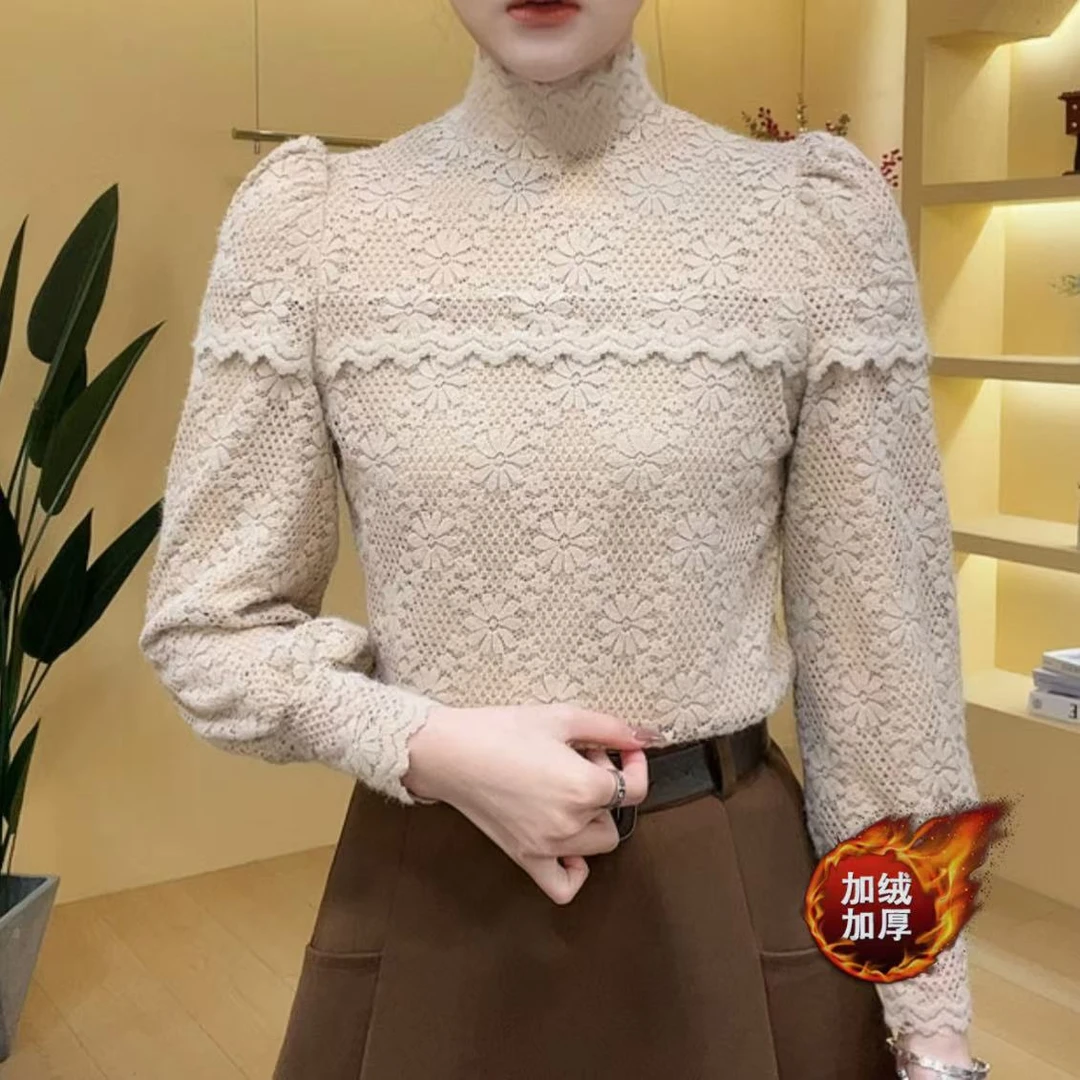 加绒保暖洋气修身植绒上衣加厚半高领蕾丝打底衫女显瘦内搭小衫女