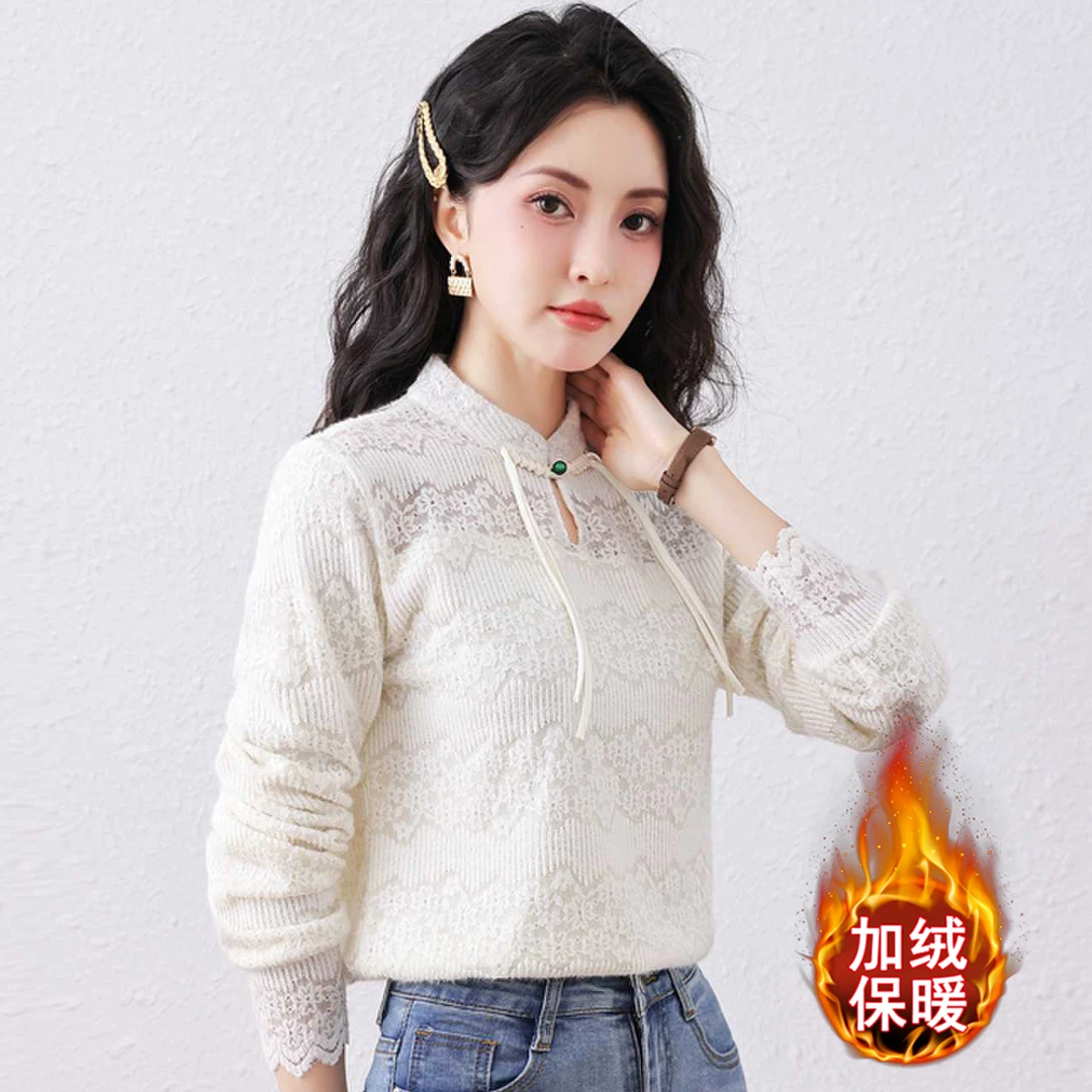 新款洋气立领加绒加厚蕾丝打底衫女秋冬保暖显瘦长袖新中式衬衫女