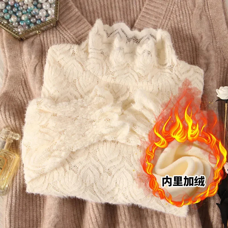 半高领磨毛蕾丝打底衫女秋冬加绒洋气内搭植绒保暖显瘦上衣