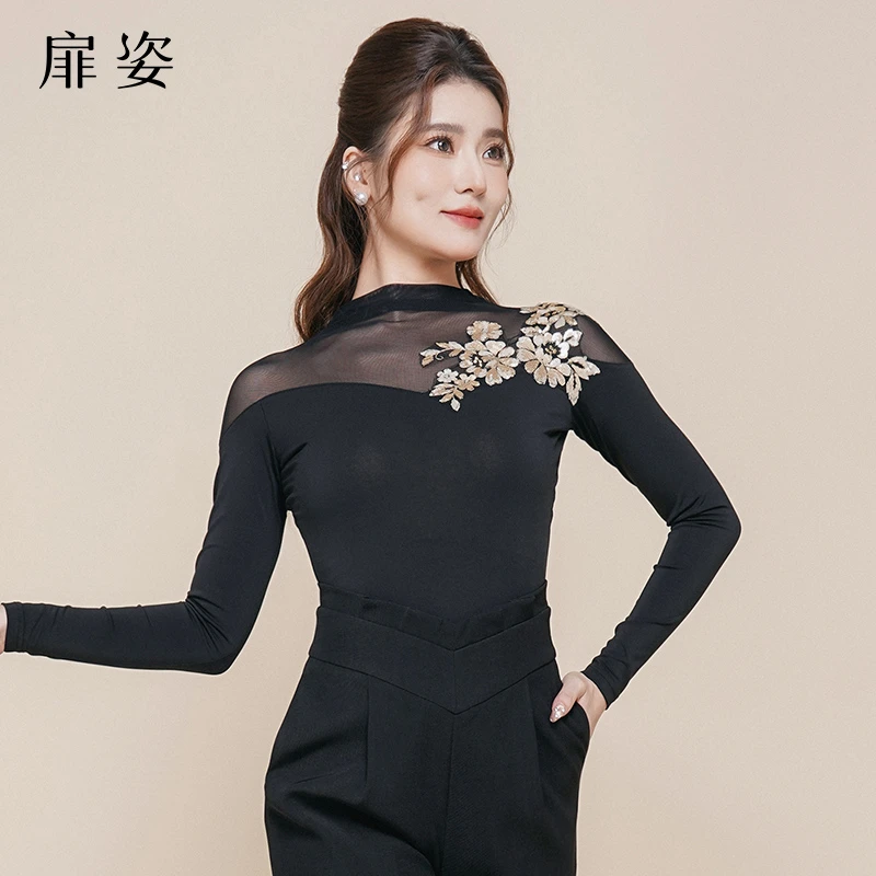 扉姿 摩登舞服女士新款国标舞交谊舞长袖跳舞衣亮片绣花上衣F1190