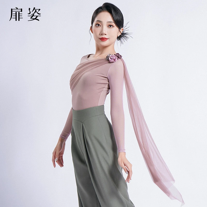 扉姿 摩登舞上衣女士秋季新款交谊舞练功服连体衣飘纱跳舞衣F1184