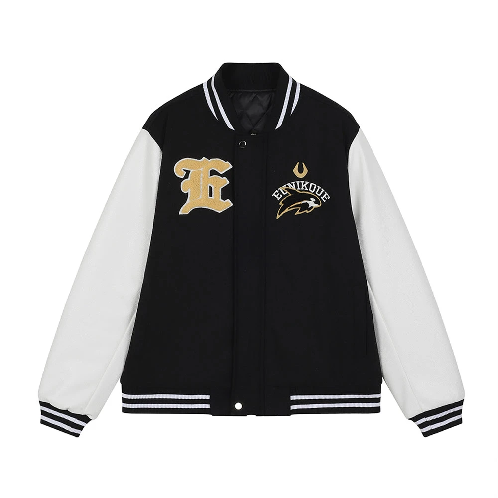 EUNIKQUE/悠尼克 秋冬加厚毛呢皮袖棉保暖拼接刺绣重磅美式棒球服