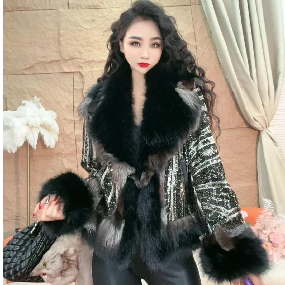 376【凡家衣橱】气质时尚百搭洋气轻奢重工狐狸毛拼仿水貂绒外套