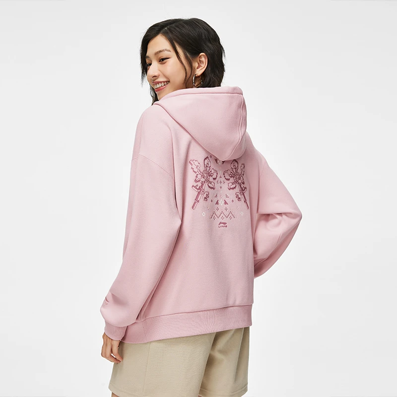 李宁中国文化系列女子加绒保暖宽松套头连帽卫衣AWDT908