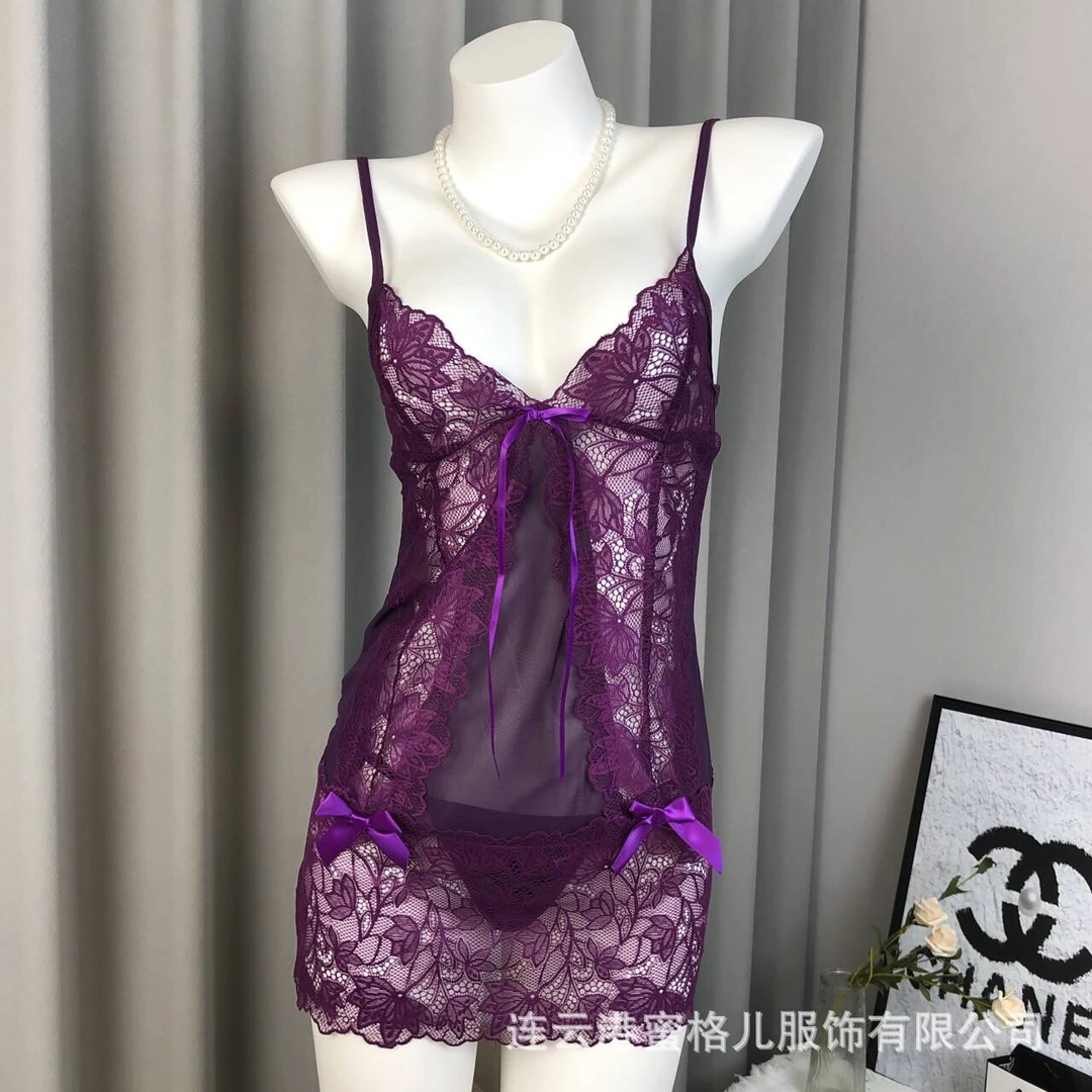 【紫色韵味】性感小胸网纱睡衣露背睡裙女家居服套装蕾丝舒适