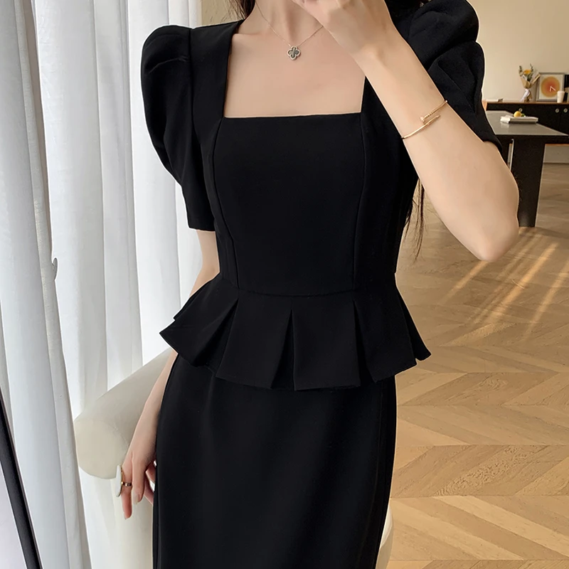新款方领气质赫本风假两件通勤长裙长短袖时尚黑色法式收腰7517
