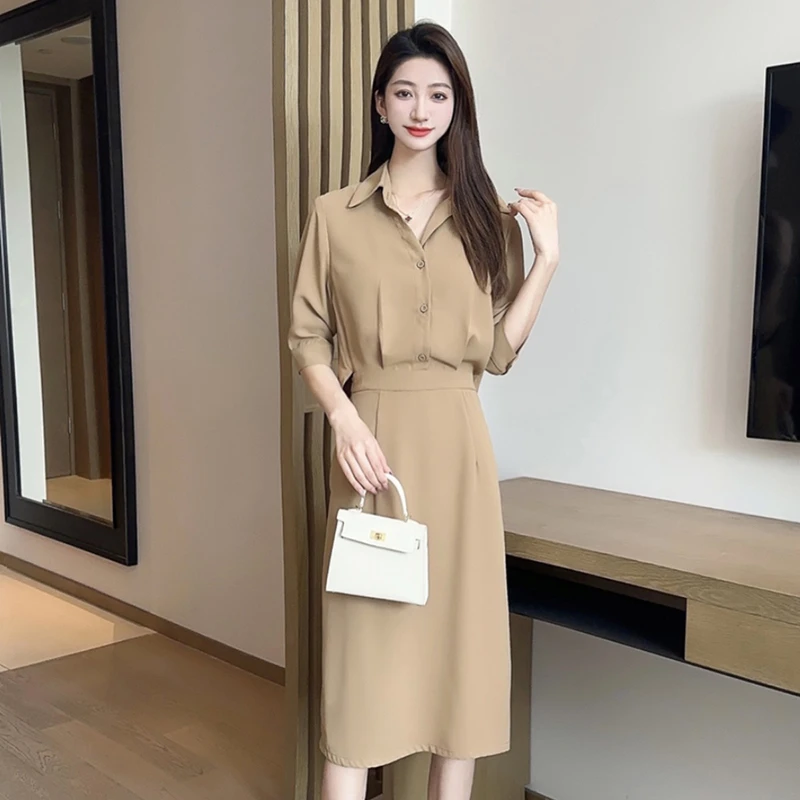 法式假两件连衣裙女2024年夏季新款时尚气质收腰显瘦衬衫裙7124