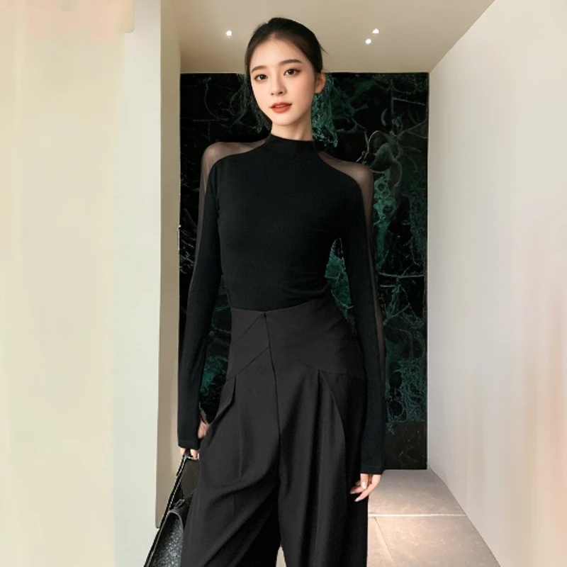 微透网纱拼接黑色上衣女秋装御姐高级新款小衫紧身别致长袖t恤潮
