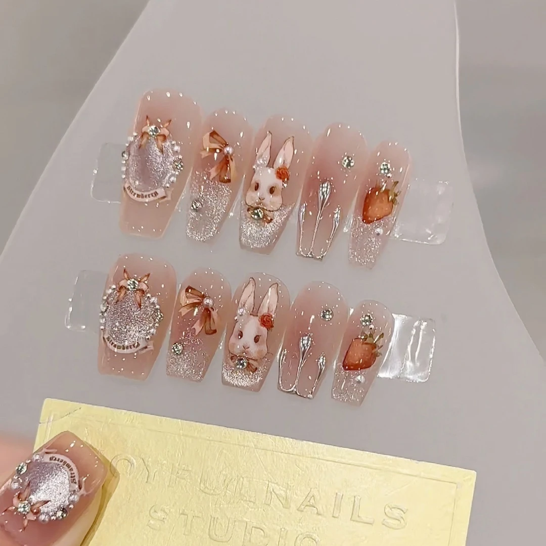 【洛可可兔子】纯手工光疗美甲穿戴甲成品重复使用美甲贴片可拆卸