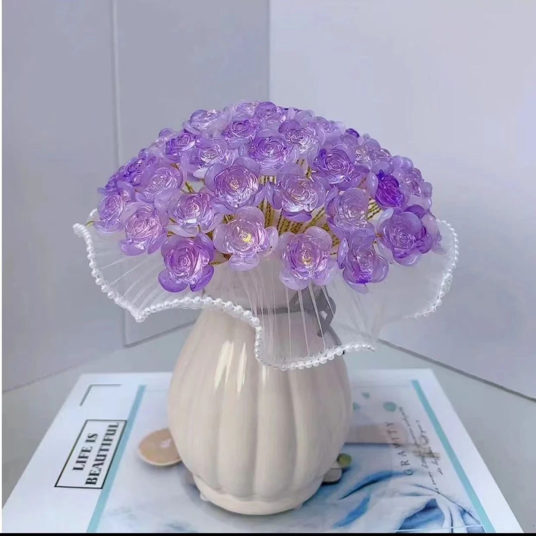【有文精选】【送花瓶】渐变炫彩浪漫水晶玫瑰花手工DIY花束材料包