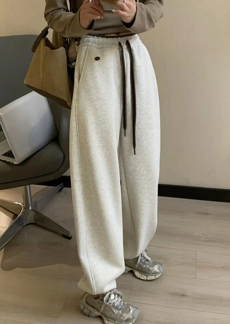 冬季新款韩系加绒百搭显瘦撞色加绒拼接弯刀裤e加雪地束脚裤