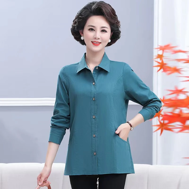 纯色衬衣长袖衬衫外套妈妈装40-50岁洋气老年人老年人妈妈装