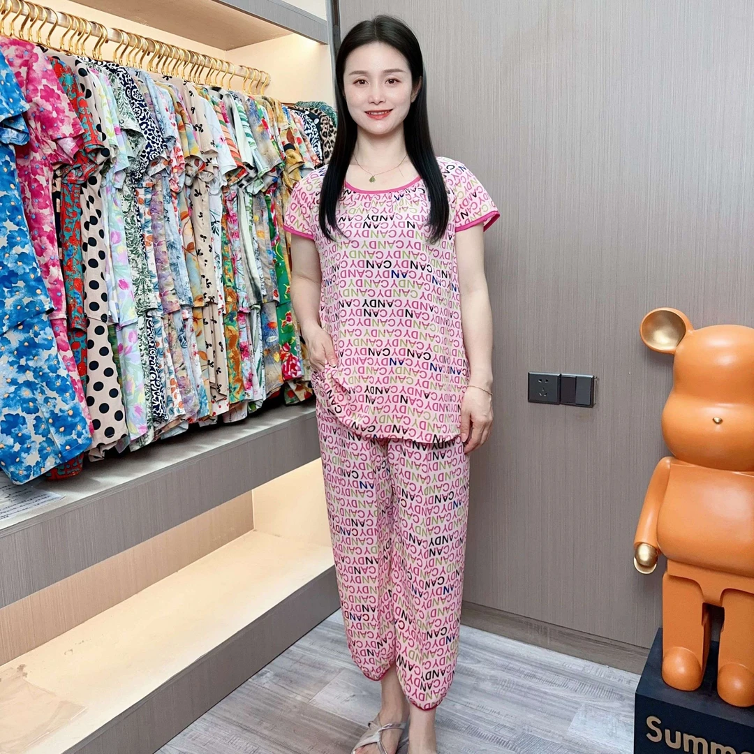 2024夏季洋气琉璃纱高端家居服套装时尚女款爆款睡衣女宽松印花