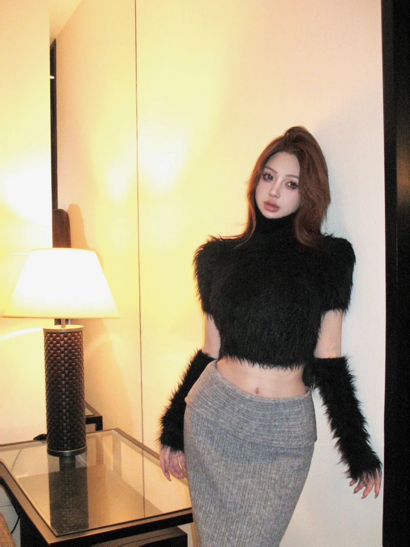 【欣可儿】纯欲高领短袖带袖套毛绒短款毛衣上衣秋冬新款针织鱼尾裙