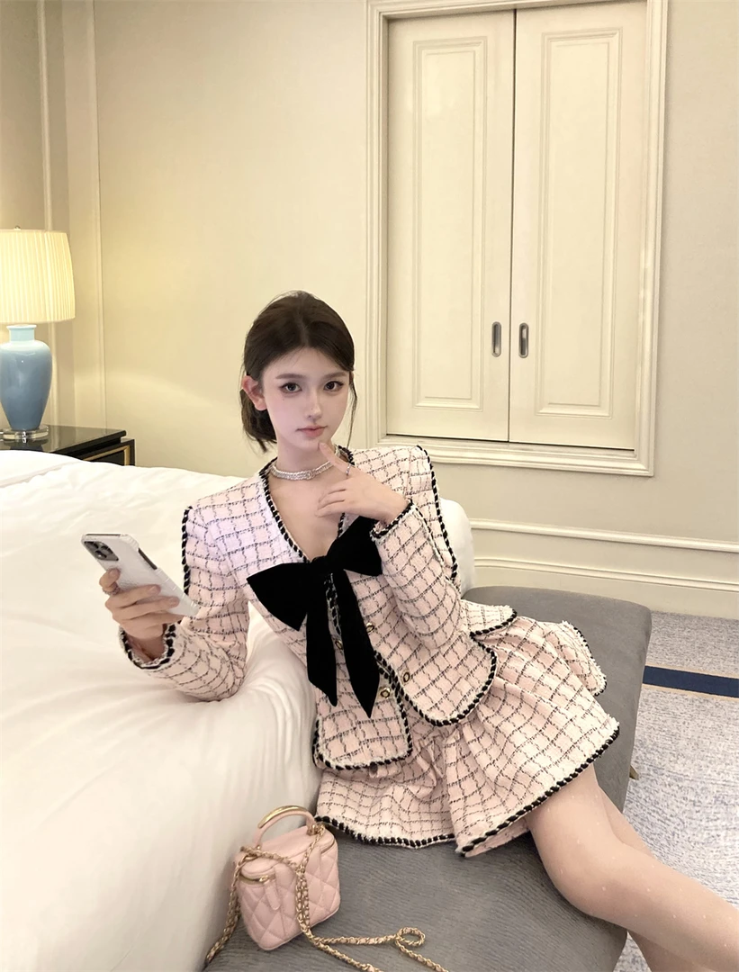 小香风高端套装女蝴蝶结长袖上衣蓬蓬a字短裙两件套2024秋季女装