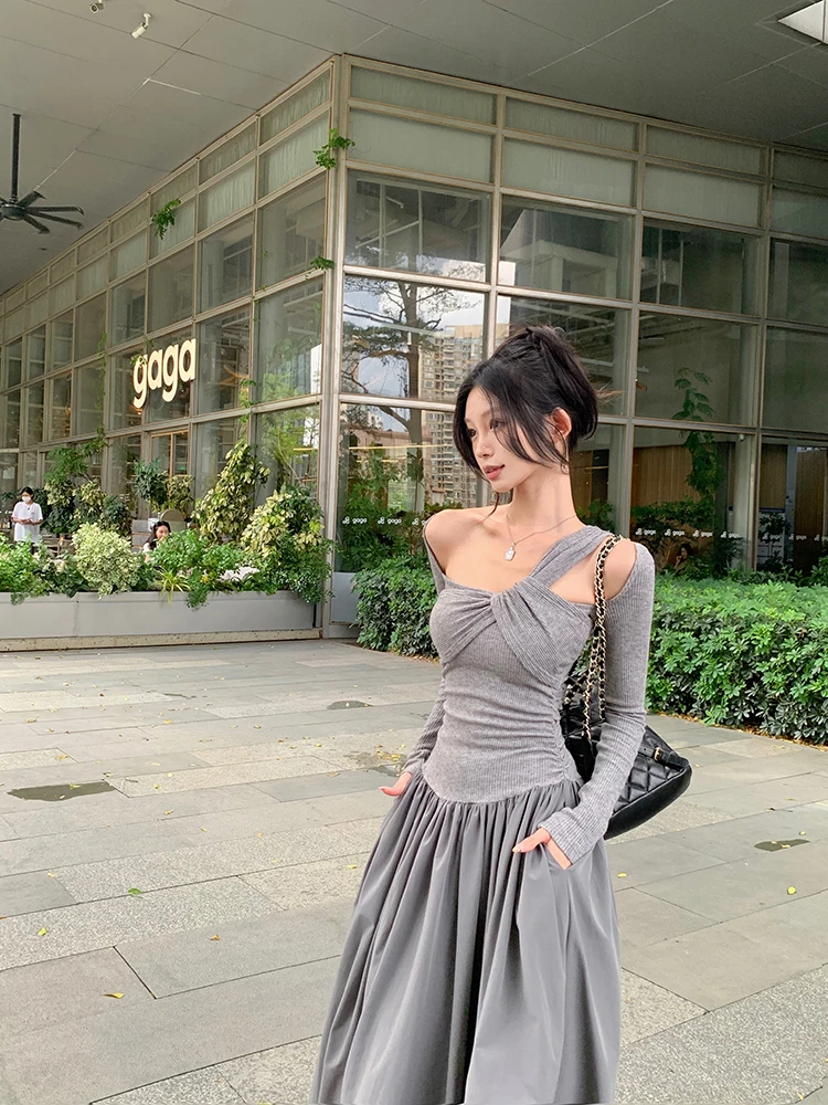 杰哥~2024早秋新款黑色/灰色斜肩挂脖长裙女修身露肩A字度假裙女
